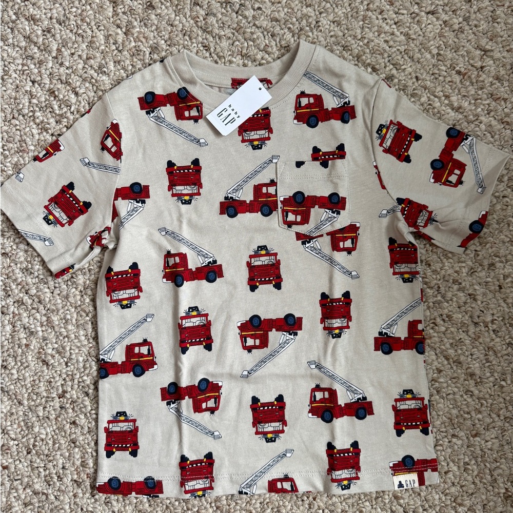 GAP Beige Short-Sleeve Pocket Tee with Red Firetruck Print